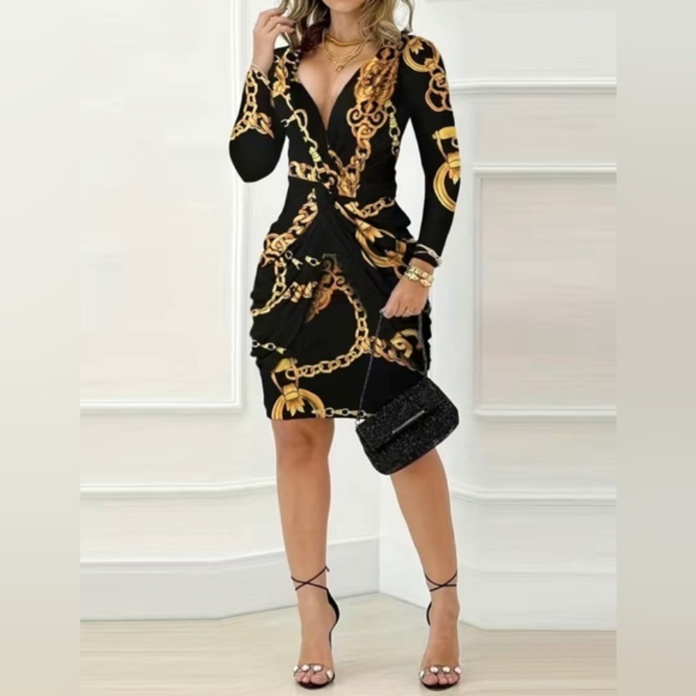 Baroque Chain print dress V neck long sleeve